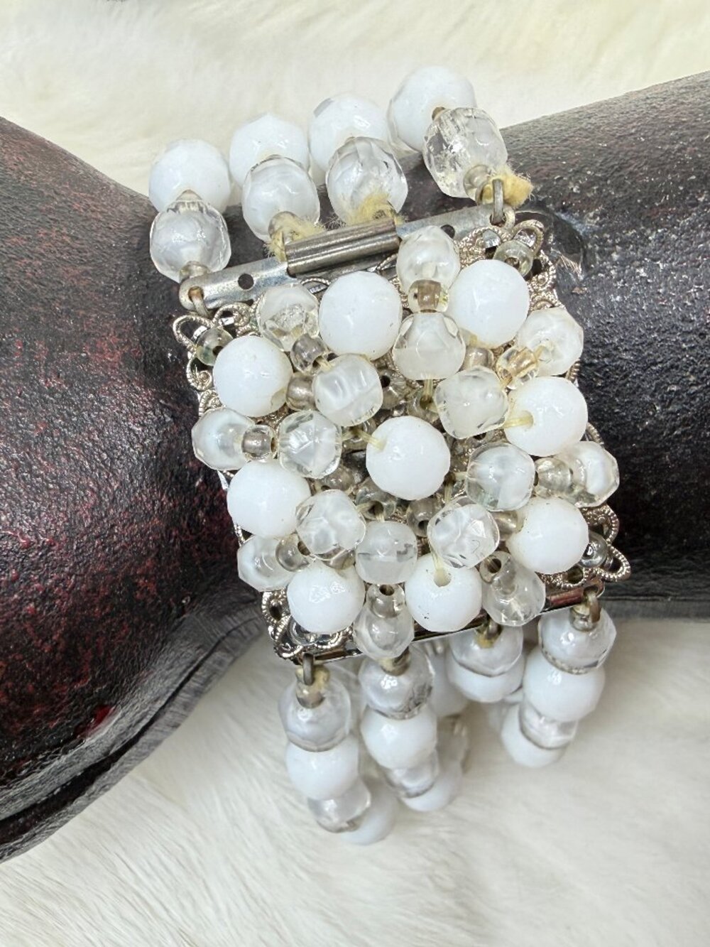 Vintage Made in Germany Milk Glass & Clear Glass Beaded Bracelet Fancy Clasp 7.5